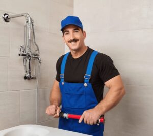 Le plombier patric oliveira souriant portant une salopette bleue et une casquette assortie travaille sur une installation de douche. Il tient un outil de plomberie, prêt à intervenir, illustrant un professionnel expérimenté et compétent.